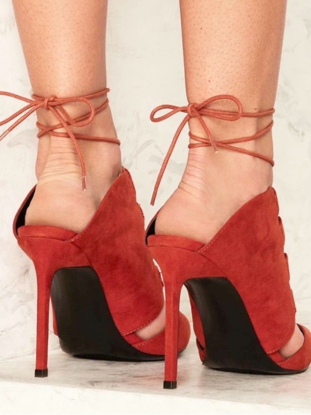 NWOT Nasty Gal Lace-Up Heels 🔥 Point It Out Red/Orange Suede Stiletto | Size 7.5 - Picture 3 of 9